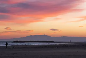 A woman walks with her dog on the beach at the sunset in Valras-Plage, southern France A woman walks with her dog on the beach at the sunset in Valras-Plage, southern France