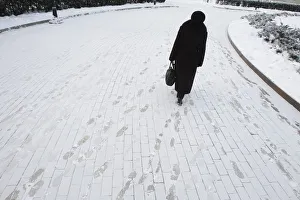 A woman walks through a park in an air temperature around minus 18 degree Celsius in A woman walks through a park in an air temperature around minus 18 degree Celsius in
