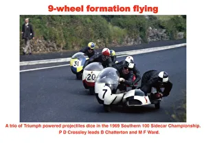 A trio of Triumph powered projectiles dice in the 1969 Southern 100 Sidecar Championship. P D Crossley leads B Chatterton and M F Ward 9-wheel formation flying