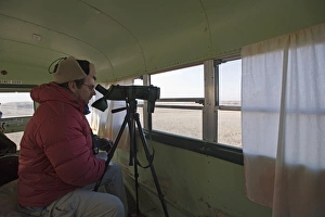 Mark Cocker watching lekking Sharp-tailed Grouse in the Sandhills Nebraska USA April 2008 Mark Cocker watching lekking Sharp-tailed Grouse in the Sandhills Nebraska USA April 2008