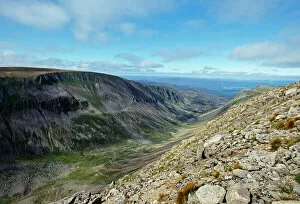 A view along Lairhig Ghru in the Cairngorm Mountains, Scotland, summer