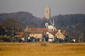 Village of Cley looking across the Norfolk Wildlife Trust Reserve from the East Bank