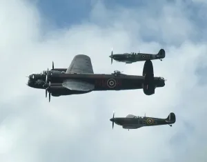 Battle Of Britain Prints: 2011 Goodwood Revival Lancaster bomber and 2 Spitfires Print