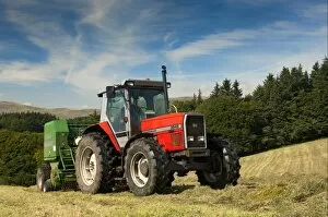 Crop Collection: Massey Ferguson tractor with McHale baler, round baling silage in meadow, Yorkshire Dales