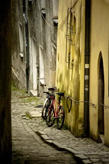 Images Dated 16th April 2011: 2 bicycles on cobblestone street, Passau, Germany