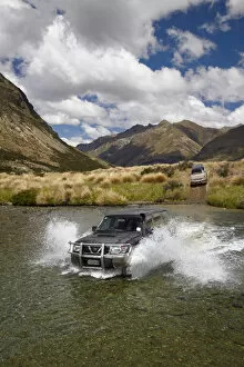 Images Dated 5th January 2012: 4WD crossing the Mararoa River, near Mavora Lakes, Southland, South Island, New Zealand
