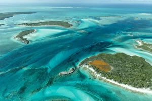Images Dated 2nd August 2014: Aerial photo looking down at the clear tropical water and islands in the Exuma Chain