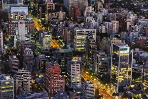 Aerial view of downtown skyline at dusk, Santiago, Chile Aerial view of downtown skyline at dusk, Santiago, Chile