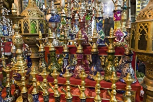 Africa, Egypt, Cairo. A colorful display of waterpipes, or hookahs, for sale in the Africa, Egypt, Cairo. A colorful display of waterpipes, or hookahs, for sale in the