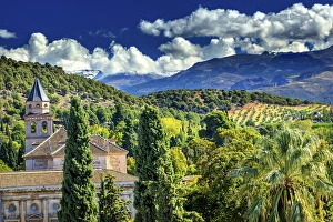 Alhambra Church Castle Towers Farm Mountains Granada Andalusia Spain Alhambra Church Castle Towers Farm Mountains Granada Andalusia Spain