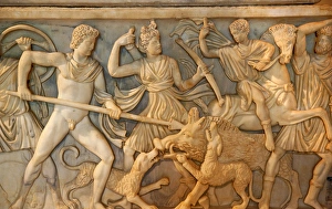 Images Dated 9th May 2009: Ancient Roman Hunt Sculpture Burial Box Details Capitoline Museum Rome Italy Resubmit--In