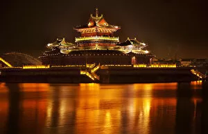 Images Dated 16th April 2009: Ancient Temple Night Reflection Bridge Jinming Lake Kaifeng China Kaifeng was the