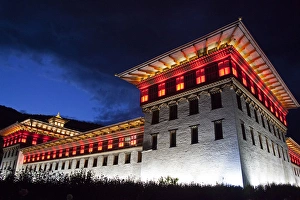 Asia, Bhutan, Thimpu. Tashichhoedzong by night Asia, Bhutan, Thimpu. Tashichhoedzong by night