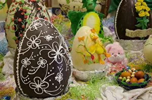 Images Dated 19th April 2014: Australia. Easter display of ornately decorated large dark chocolate eggs and candy