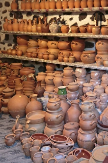 Azerbaijan, Sheki. A collection of ceramic jars and pots Azerbaijan, Sheki. A collection of ceramic jars and pots