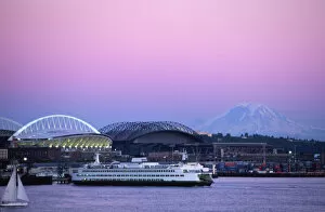Images Dated 24th March 2006: Baibridge Ferry with Qwest and Safeco Fields and Mt. Rainier at Dusk