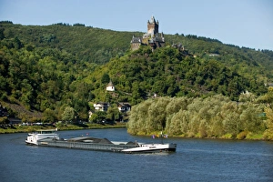 Barge, Cochem Castle, Mosel Valley, Rhineland Palatinate, Germany Barge, Cochem Castle, Mosel Valley, Rhineland Palatinate, Germany