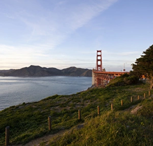 Bay Trail path leading to the Golden Gate Bridge with the Marin Headlands in the distance Bay Trail path leading to the Golden Gate Bridge with the Marin Headlands in the distance