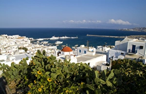 Beautiful island of Mykonos Greece central city from above with white buildings Beautiful island of Mykonos Greece central city from above with white buildings
