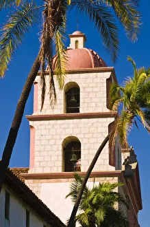 Bell tower and palms at the Santa Barbara Mission (Queen of the missions), Santa Barbara Bell tower and palms at the Santa Barbara Mission (Queen of the missions), Santa Barbara