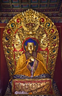 Blue Buddha Yellow Scarf Altar Offerings Yonghe Gong Buddhist Lama Temple Beijing Blue Buddha Yellow Scarf Altar Offerings Yonghe Gong Buddhist Lama Temple Beijing