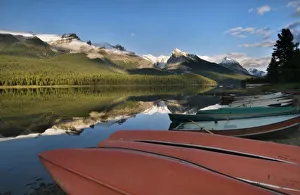 Boats parked on the lakeshore of Maligne Lake, Jasper National Park, Jasper Canada Boats parked on the lakeshore of Maligne Lake, Jasper National Park, Jasper Canada
