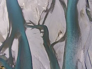 Braided streams of the Rakaia River, Canterbury, South Island, New Zealand, drone aerial Braided streams of the Rakaia River, Canterbury, South Island, New Zealand, drone aerial