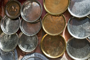 Brass plates for sale in the Souk, Marrakech (Marrakesh), Morocco, North Africa, Africa Brass plates for sale in the Souk, Marrakech (Marrakesh), Morocco, North Africa, Africa