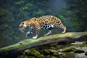 Brazil, Pantanal. Abstract of jaguar walking on log Brazil, Pantanal. Abstract of jaguar walking on log