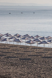 Bulgaria, Black Sea Coast, Burgas, Town Beach umbrellas Bulgaria, Black Sea Coast, Burgas, Town Beach umbrellas