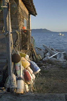 Buoys on Legoe Bay Fishing Shack, Lummi Island, Washington, US Buoys on Legoe Bay Fishing Shack, Lummi Island, Washington, US