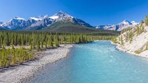 Canada, Alberta. Glacial Silt turns the Athabasca River blue on Icefields Parkway Canada, Alberta. Glacial Silt turns the Athabasca River blue on Icefields Parkway