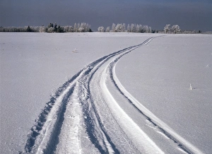Canada, Manitoba, Tire tracks in snow landscape Canada, Manitoba, Tire tracks in snow landscape