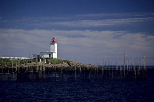 Canada: New Brunswick, Bliss Harbor, Bliss Point Light with fish weirs, July Canada: New Brunswick, Bliss Harbor, Bliss Point Light with fish weirs, July