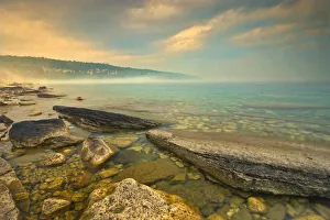 Canada, Ontario, Morning fog on Georgian Bay. Limestone Rock. Barrow Bay. Bruce Peninsula Canada, Ontario, Morning fog on Georgian Bay. Limestone Rock. Barrow Bay. Bruce Peninsula