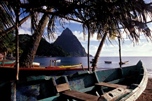 Caribbean, BWI, St. Lucia, Fishing boats and Pitons, Soufriere Caribbean, BWI, St. Lucia, Fishing boats and Pitons, Soufriere