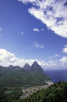 Caribbean, St. Lucia, Soufriere. Morning view of the Pitons and Soufriere from the NE Caribbean, St. Lucia, Soufriere. Morning view of the Pitons and Soufriere from the NE