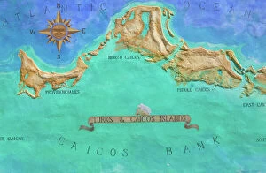 Depiction Gallery: Caribbean, TURKS & CAICOS-Providenciales island-Grace Bay: Mural Map of Turks