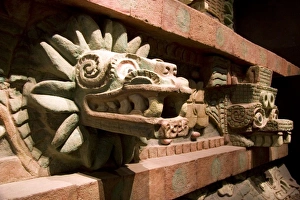 Carved serpent head is an artifact from Teotihuacan on display at the National Museum Carved serpent head is an artifact from Teotihuacan on display at the National Museum