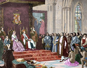 The Catholic Kings receiving Columbus in Barcelona after his first voyage. April 1493 The Catholic Kings receiving Columbus in Barcelona after his first voyage. April 1493