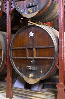 Chateau de Nouvelles. Fitou. Languedoc. Barrel cellar. Wooden fermentation Chateau de Nouvelles. Fitou. Languedoc. Barrel cellar. Wooden fermentation