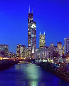 Chicago, Illinois, Skyline at night with Chicago River and Sears Tower