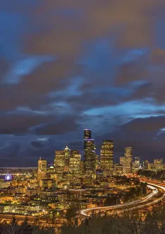 City skyline and Interstate 90 and 5 from Rizal Bridge in downtown Seattle, Washington State City skyline and Interstate 90 and 5 from Rizal Bridge in downtown Seattle, Washington State