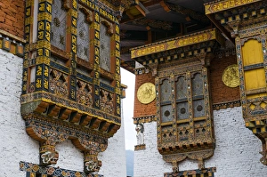 Close up from the woodwork in the dzong or castle of Punakha, Bhutan, Asia Close up from the woodwork in the dzong or castle of Punakha, Bhutan, Asia