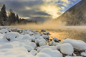 Very cold sunrise over the South Fork of the Flathead River in Hungry Horse, Montana, USA Very cold sunrise over the South Fork of the Flathead River in Hungry Horse, Montana, USA