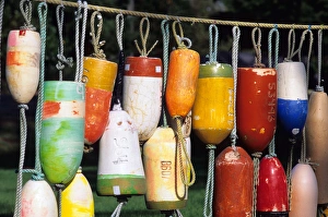 Colorful old crab pot buoys on display in Westport, Washington Colorful old crab pot buoys on display in Westport, Washington