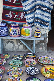 Colorful pottery and blankets for sale in downtown Loreto Mexico Colorful pottery and blankets for sale in downtown Loreto Mexico