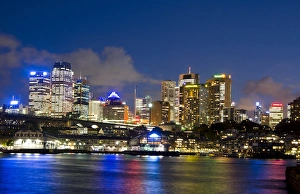 Colorful twilight night shot of colorful skyline of offices in Sydney Australia New Colorful twilight night shot of colorful skyline of offices in Sydney Australia New