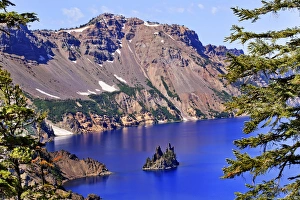 Crater Lake Reflection, Phantom Ship Island, Blue Sky Oregon Pacific Northwest Crater Lake Reflection, Phantom Ship Island, Blue Sky Oregon Pacific Northwest