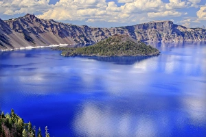 Crater Lake Reflection Wizard Island, Clouds Blue Sky Oregon Pacific Northwest Crater Lake Reflection Wizard Island, Clouds Blue Sky Oregon Pacific Northwest